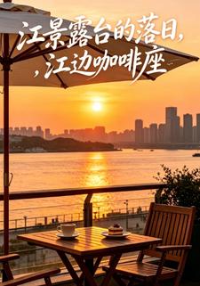 江景露台的落日，江邊咖啡座
