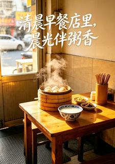 清晨早餐店裡，晨光伴粥香
