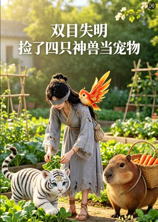 雙目失明，撿了四隻神獸當寵物