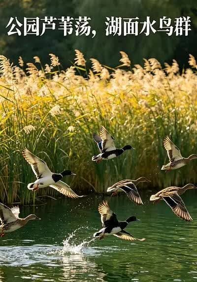 公園蘆葦蕩，湖面水鳥群